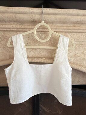 Free The Label 100% Linen Crop Tank Top White Square Neck S